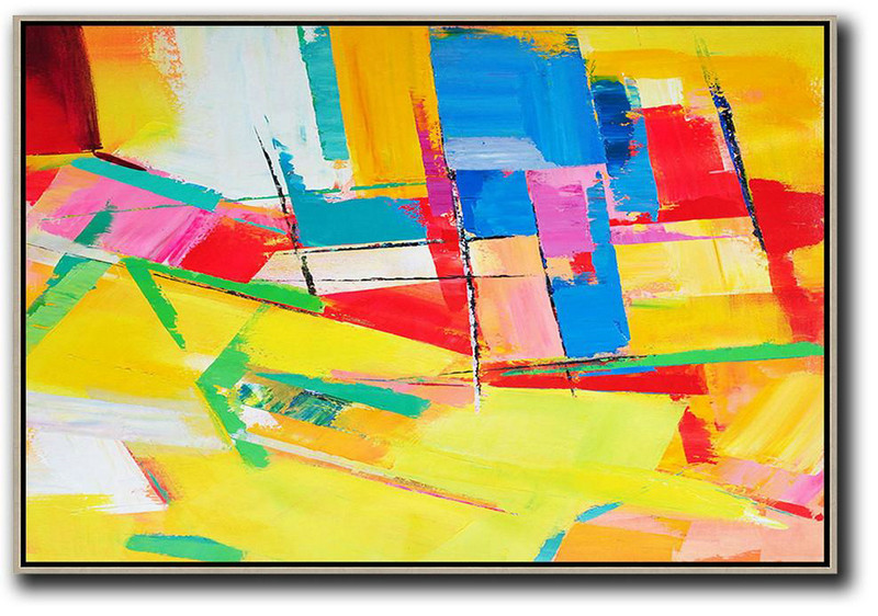 Huge Abstract Canvas Art,Horizontal Palette Knife Contemporary Art,Modern Painting Abstract,Yellow,Red,Blue.Etc